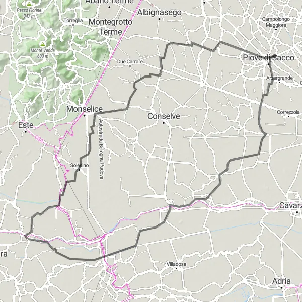 Miniatura della mappa di ispirazione al ciclismo "Giro in bicicletta verso Solesino e Agna" nella regione di Veneto, Italy. Generata da Tarmacs.app, pianificatore di rotte ciclistiche