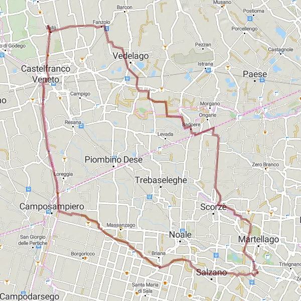Mapa miniatúra "Gravelová trasa od Salzana do Maerne" cyklistická inšpirácia v Veneto, Italy. Vygenerované cyklistickým plánovačom trás Tarmacs.app