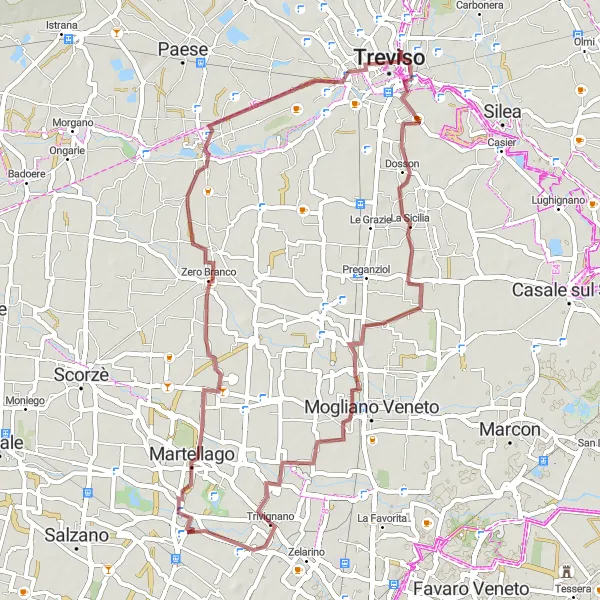 Mapa miniatúra "Gravelová trasa cez Zero Branco a Trivignano" cyklistická inšpirácia v Veneto, Italy. Vygenerované cyklistickým plánovačom trás Tarmacs.app