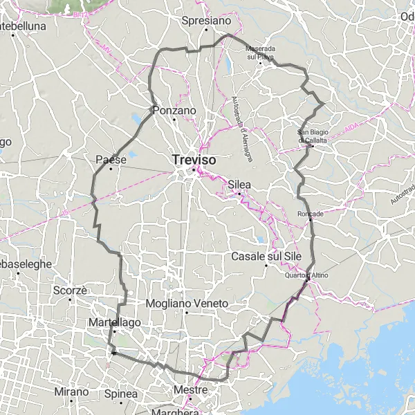Mapa miniatúra "Maerne a okolie na bicykli" cyklistická inšpirácia v Veneto, Italy. Vygenerované cyklistickým plánovačom trás Tarmacs.app