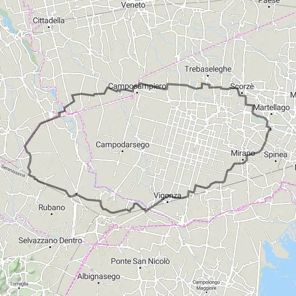 Mapa miniatúra "Okruh na ceste v blízkosti Maerne" cyklistická inšpirácia v Veneto, Italy. Vygenerované cyklistickým plánovačom trás Tarmacs.app