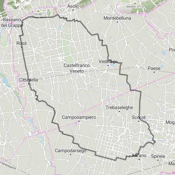 Miniatuurkaart van de fietsinspiratie "Avontuurlijke tocht van Maerne naar Cavasagra" in Veneto, Italy. Gemaakt door de Tarmacs.app fietsrouteplanner