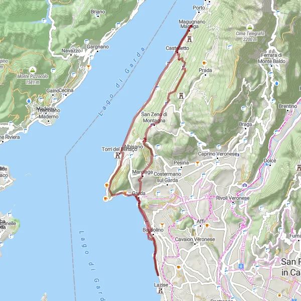 Miniaturní mapa "Gravel směrem na Monte Luppia" inspirace pro cyklisty v oblasti Veneto, Italy. Vytvořeno pomocí plánovače tras Tarmacs.app