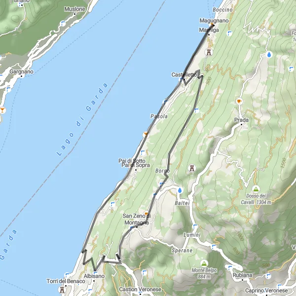 Miniatura della mappa di ispirazione al ciclismo "Passeggiata in Bici attorno al Lago di Garda" nella regione di Veneto, Italy. Generata da Tarmacs.app, pianificatore di rotte ciclistiche