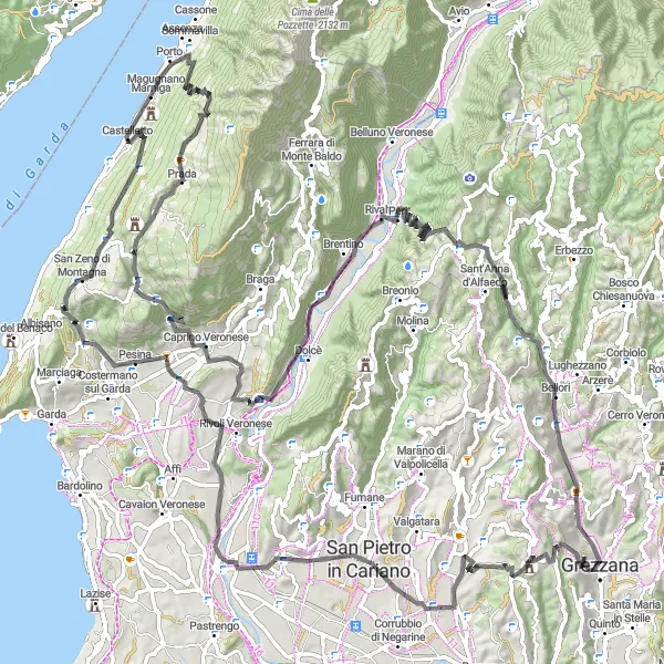Miniatua del mapa de inspiración ciclista "Ruta de ciclismo de carretera con 3278m de ascenso y 128km de distancia" en Veneto, Italy. Generado por Tarmacs.app planificador de rutas ciclistas