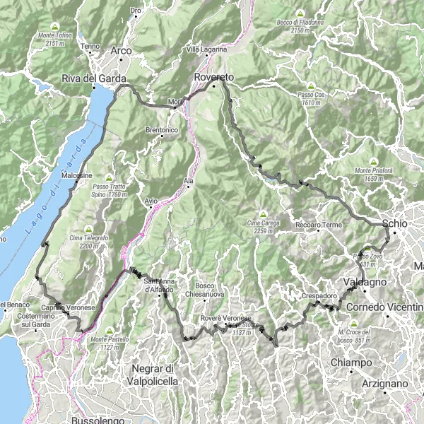 Map miniature of "Ultimate Road Cycling Challenge: Magugnano to Monte Baldon" cycling inspiration in Veneto, Italy. Generated by Tarmacs.app cycling route planner