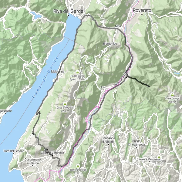 Map miniature of "Lake Garda Loop: Magugnano to Castelletto" cycling inspiration in Veneto, Italy. Generated by Tarmacs.app cycling route planner