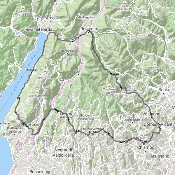 Karttaminiaatyyri "Pitkä pyöräilyretki Gardajärven ympäri" pyöräilyinspiraatiosta alueella Veneto, Italy. Luotu Tarmacs.app pyöräilyreittisuunnittelijalla