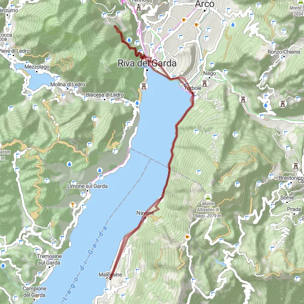 Miniatura della mappa di ispirazione al ciclismo "Tour panoramico da Malcesine a Monte Brione" nella regione di Veneto, Italy. Generata da Tarmacs.app, pianificatore di rotte ciclistiche