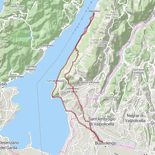 Karttaminiaatyyri "Malcesine - Bardolino Gravel Cycling Route" pyöräilyinspiraatiosta alueella Veneto, Italy. Luotu Tarmacs.app pyöräilyreittisuunnittelijalla