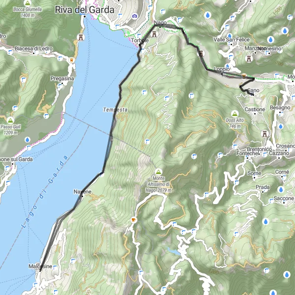 Mapa miniatúra "Cyklotrasa okolo jazera Garda" cyklistická inšpirácia v Veneto, Italy. Vygenerované cyklistickým plánovačom trás Tarmacs.app