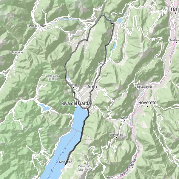 Miniatua del mapa de inspiración ciclista "Ruta en carretera por los paisajes del Lago de Garda" en Veneto, Italy. Generado por Tarmacs.app planificador de rutas ciclistas