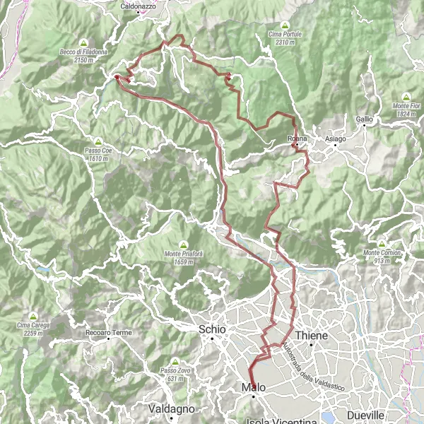 Map miniature of "Gravel Adventure in the Venetian Hills" cycling inspiration in Veneto, Italy. Generated by Tarmacs.app cycling route planner