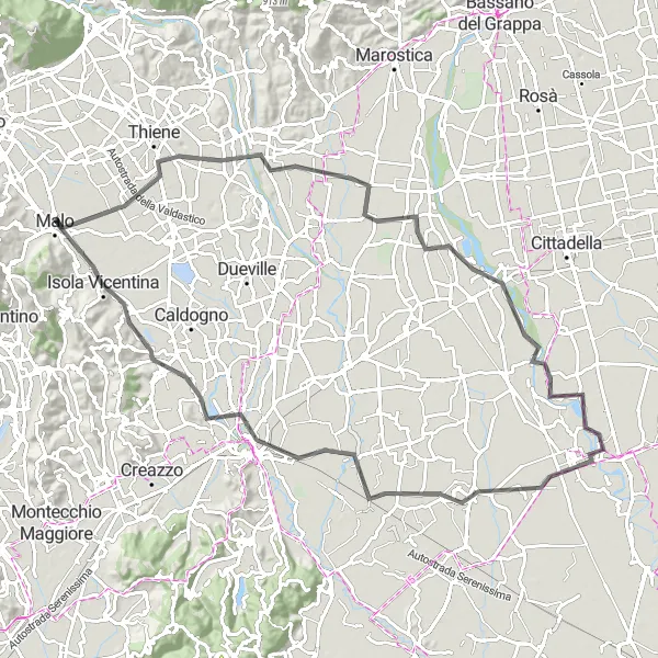 Miniatua del mapa de inspiración ciclista "Ruta de Malo a Vicenza y Costabissara" en Veneto, Italy. Generado por Tarmacs.app planificador de rutas ciclistas