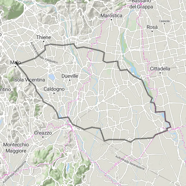 Miniatura della mappa di ispirazione al ciclismo "Pedalata di 93 km in bicicletta tra Malo e Vicenza" nella regione di Veneto, Italy. Generata da Tarmacs.app, pianificatore di rotte ciclistiche