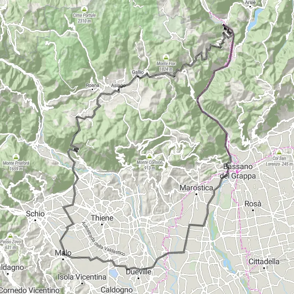 Zemljevid v pomanjšavi "Kolesarska pot okoli Malo (Gravel)" kolesarske inspiracije v Veneto, Italy. Generirano z načrtovalcem kolesarskih poti Tarmacs.app