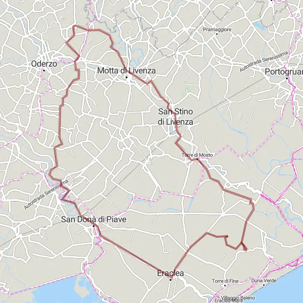 Miniatua del mapa de inspiración ciclista "Ruta de grava a través de Motta di Livenza y Eraclea" en Veneto, Italy. Generado por Tarmacs.app planificador de rutas ciclistas