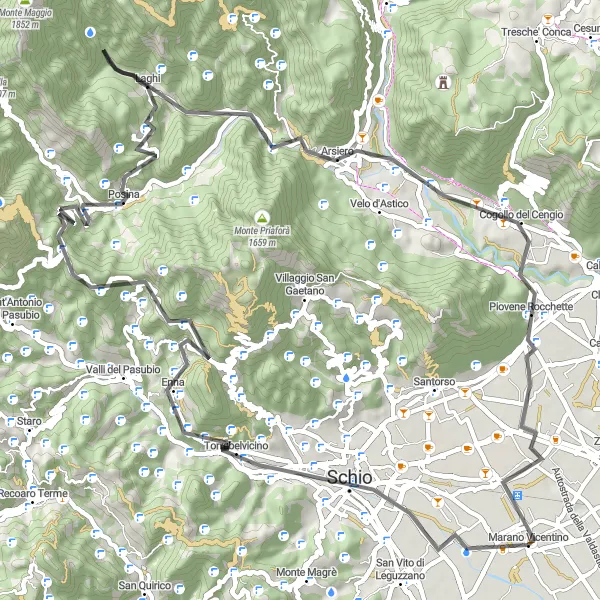 Miniature de la carte de l'inspiration cycliste "L'Échappée dans les Montagnes de Vicence" dans la Veneto, Italy. Générée par le planificateur d'itinéraire cycliste Tarmacs.app