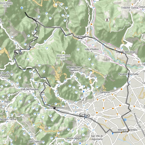 Mapa miniatúra "Cesta okolo Arsiera a Piovene Rocchette" cyklistická inšpirácia v Veneto, Italy. Vygenerované cyklistickým plánovačom trás Tarmacs.app