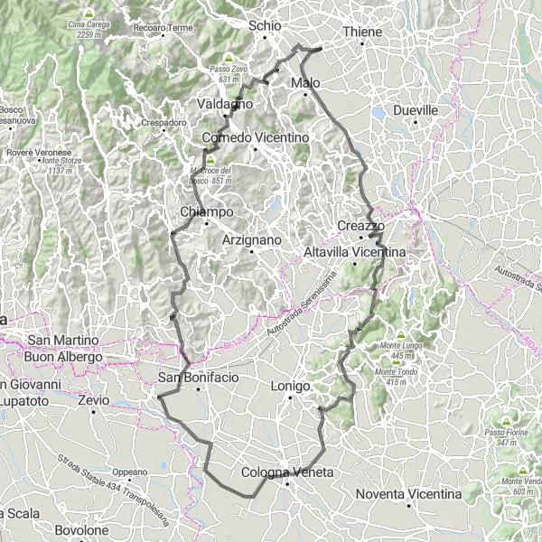 Miniatura della mappa di ispirazione al ciclismo "Avventura tra Montagne e Borghi" nella regione di Veneto, Italy. Generata da Tarmacs.app, pianificatore di rotte ciclistiche