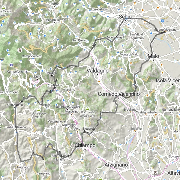 Miniaturní mapa "Okružní cyklotrasa Monte Verlaldo" inspirace pro cyklisty v oblasti Veneto, Italy. Vytvořeno pomocí plánovače tras Tarmacs.app