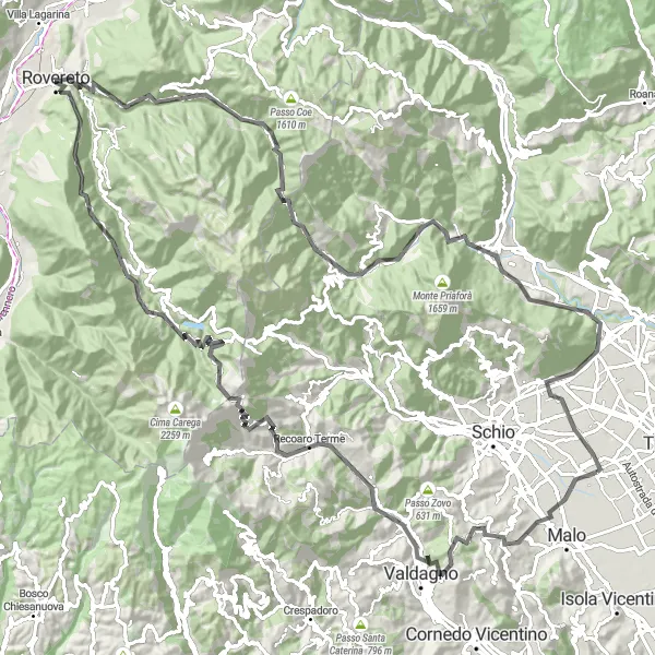 Map miniature of "Montecio and the Fugazze Pass" cycling inspiration in Veneto, Italy. Generated by Tarmacs.app cycling route planner