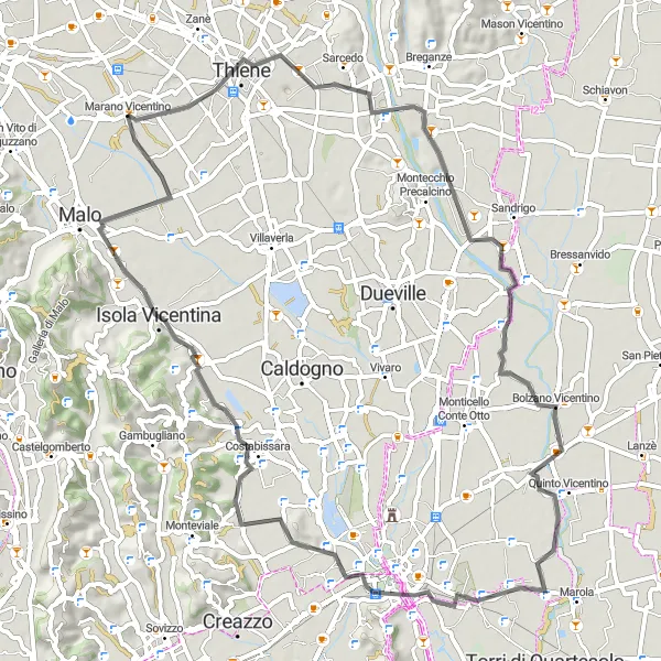 Mapa miniatúra "Cyklistická trasa okolo Marano Vicentino" cyklistická inšpirácia v Veneto, Italy. Vygenerované cyklistickým plánovačom trás Tarmacs.app