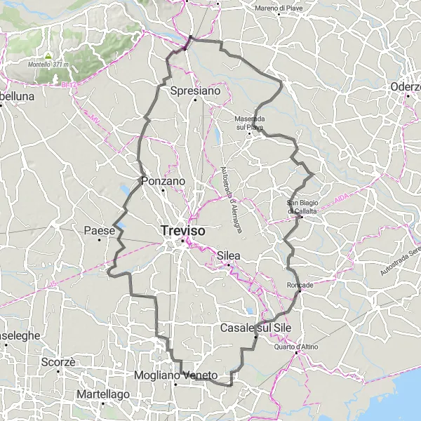 Zemljevid v pomanjšavi "Odkrivanje skritih kotičkov na 94 km dolgi kolesarski poti" kolesarske inspiracije v Veneto, Italy. Generirano z načrtovalcem kolesarskih poti Tarmacs.app