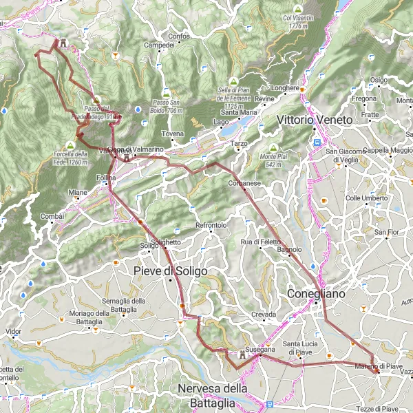 Miniatura della mappa di ispirazione al ciclismo "Percorso gravel da Mareno di Piave a Conegliano" nella regione di Veneto, Italy. Generata da Tarmacs.app, pianificatore di rotte ciclistiche