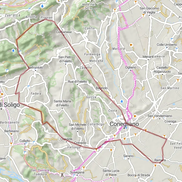 Miniatura della mappa di ispirazione al ciclismo "Gravel tra Conigliano e Belvedere" nella regione di Veneto, Italy. Generata da Tarmacs.app, pianificatore di rotte ciclistiche