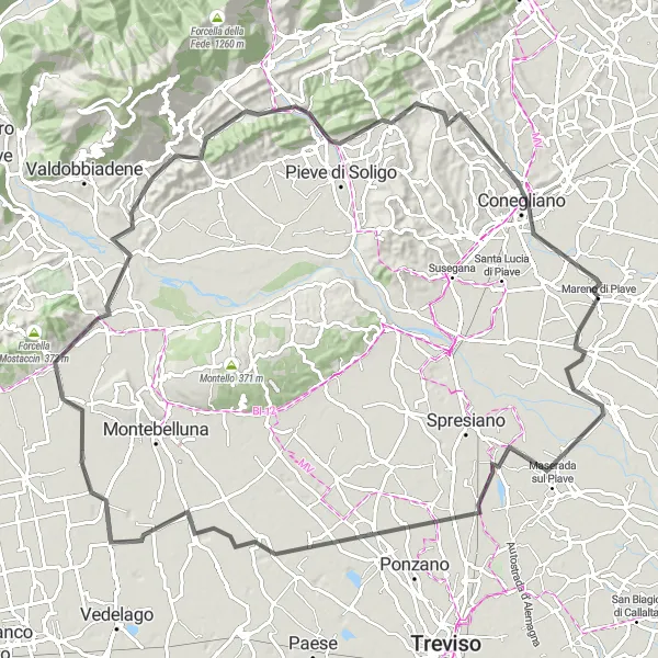 Miniatua del mapa de inspiración ciclista "Aventura ciclista desde Mareno di Piave a Conegliano" en Veneto, Italy. Generado por Tarmacs.app planificador de rutas ciclistas