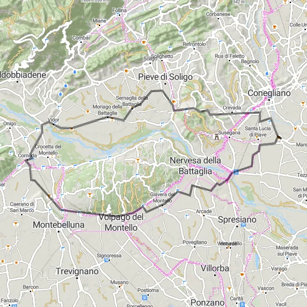 Karten-Miniaturansicht der Radinspiration "Weinberge und hügelige Landschaften entdecken" in Veneto, Italy. Erstellt vom Tarmacs.app-Routenplaner für Radtouren