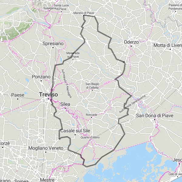 Miniatura mapy "Przejażdżka szosowa przez Treviso i Meolo" - trasy rowerowej w Veneto, Italy. Wygenerowane przez planer tras rowerowych Tarmacs.app