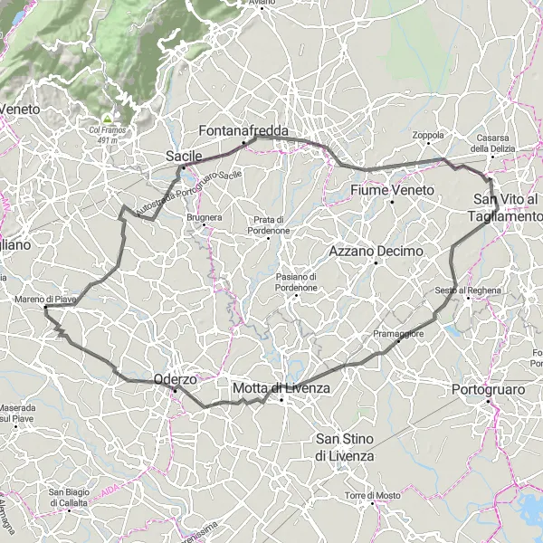 Mapa miniatúra "Okružná cyklistická trasa od Mareno di Piave" cyklistická inšpirácia v Veneto, Italy. Vygenerované cyklistickým plánovačom trás Tarmacs.app