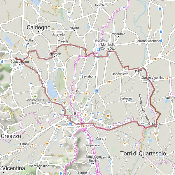Miniatua del mapa de inspiración ciclista "Ruta corta de ciclismo de grava desde Marola" en Veneto, Italy. Generado por Tarmacs.app planificador de rutas ciclistas