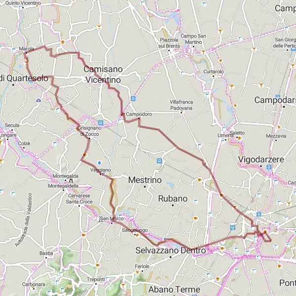 Miniatua del mapa de inspiración ciclista "Ruta de ciclismo de grava por los alrededores de Marola" en Veneto, Italy. Generado por Tarmacs.app planificador de rutas ciclistas
