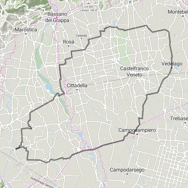 Miniatua del mapa de inspiración ciclista "Ruta de ciclismo de carretera por Marola y alrededores" en Veneto, Italy. Generado por Tarmacs.app planificador de rutas ciclistas