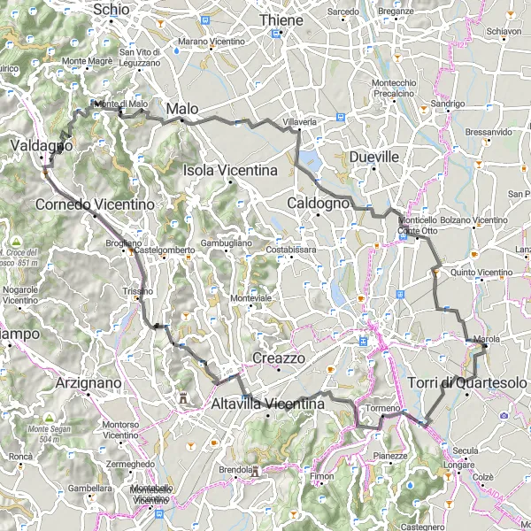 Mapa miniatúra "Cestná cyklotrasa s panoramatickými výhľadmi" cyklistická inšpirácia v Veneto, Italy. Vygenerované cyklistickým plánovačom trás Tarmacs.app