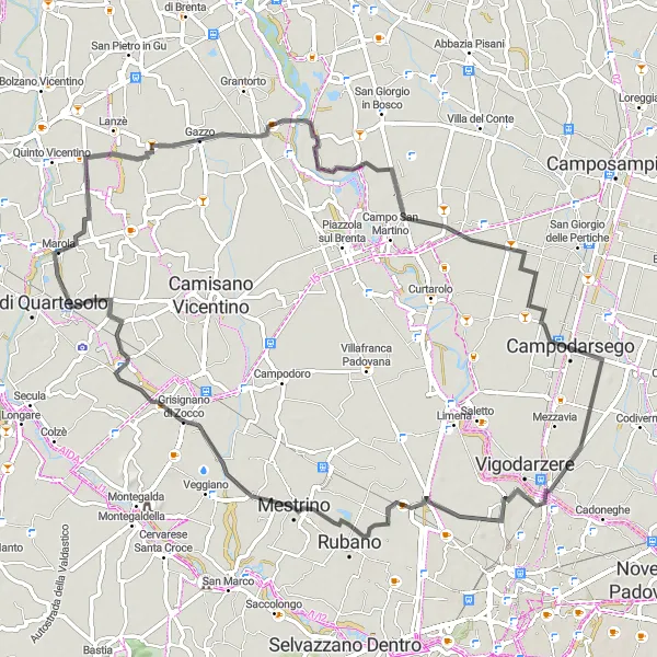 Zemljevid v pomanjšavi "Marola to Marsango Loop" kolesarske inspiracije v Veneto, Italy. Generirano z načrtovalcem kolesarskih poti Tarmacs.app