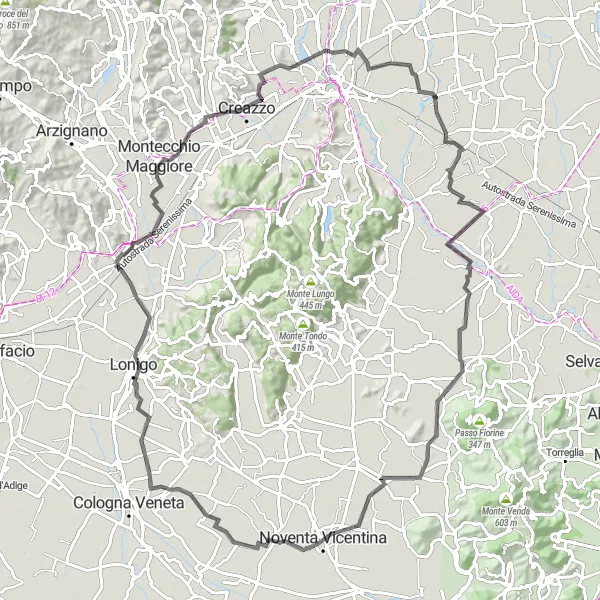 Map miniature of "The Hillside Tour" cycling inspiration in Veneto, Italy. Generated by Tarmacs.app cycling route planner