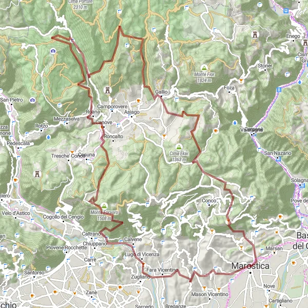 Mapa miniatúra "Gravelový výlet kolem Marostici" cyklistická inšpirácia v Veneto, Italy. Vygenerované cyklistickým plánovačom trás Tarmacs.app