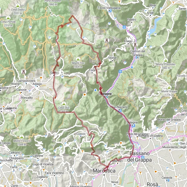 Miniatua del mapa de inspiración ciclista "Ruta de gravel desde Marostica a Monte Gloso" en Veneto, Italy. Generado por Tarmacs.app planificador de rutas ciclistas