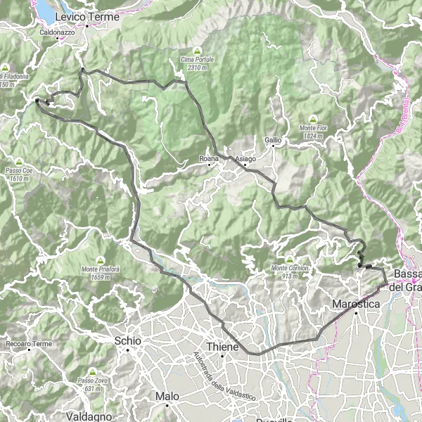 Map miniature of "Mountain Adventure: Marostica to Monte Gaggion" cycling inspiration in Veneto, Italy. Generated by Tarmacs.app cycling route planner