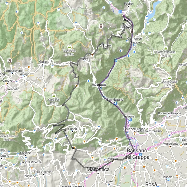 Kartminiatyr av "Bergig Tur till Enego" cykelinspiration i Veneto, Italy. Genererad av Tarmacs.app cykelruttplanerare