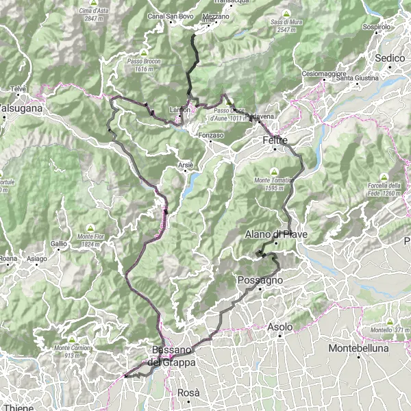 Karten-Miniaturansicht der Radinspiration "Herausfordernde Tour durch die Berge" in Veneto, Italy. Erstellt vom Tarmacs.app-Routenplaner für Radtouren