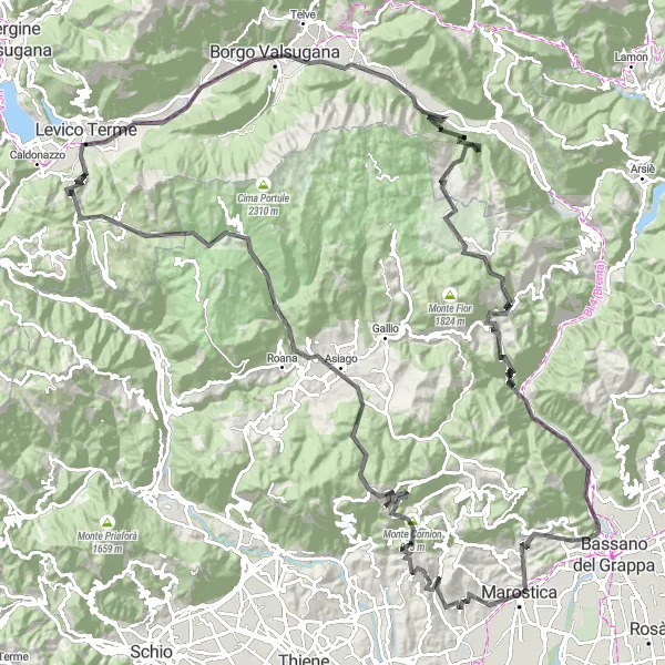 Miniatua del mapa de inspiración ciclista "Desafío de Montaña por los Alpes Venecianos" en Veneto, Italy. Generado por Tarmacs.app planificador de rutas ciclistas