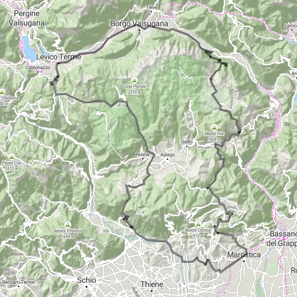 Karttaminiaatyyri "Marostica - Monte Miesa - Marostica Road Cycling Route" pyöräilyinspiraatiosta alueella Veneto, Italy. Luotu Tarmacs.app pyöräilyreittisuunnittelijalla