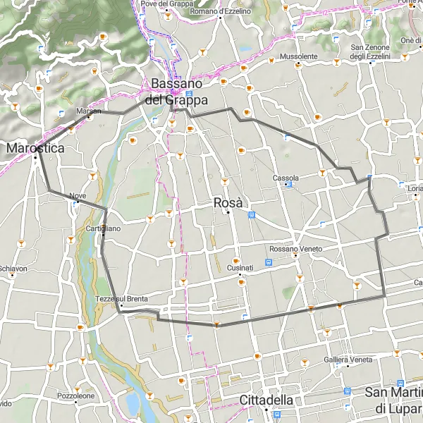 Zemljevid v pomanjšavi "Kolesarska pot okoli Marostice" kolesarske inspiracije v Veneto, Italy. Generirano z načrtovalcem kolesarskih poti Tarmacs.app