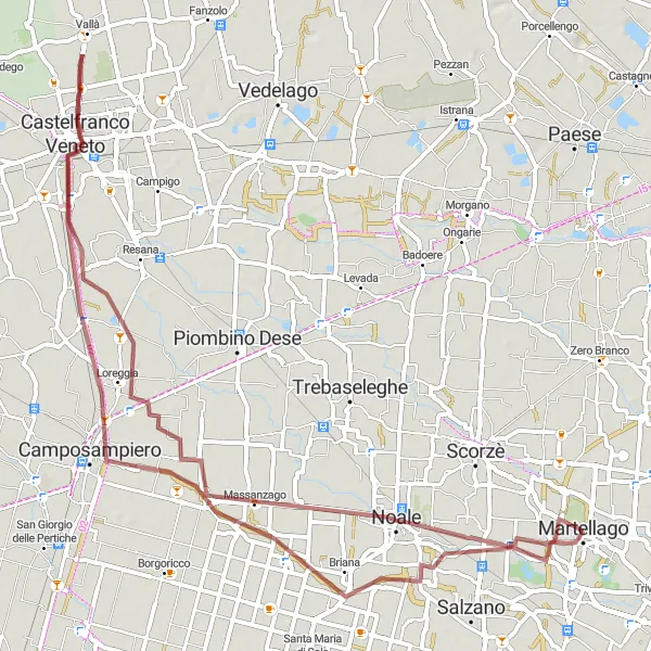 Map miniature of "The Gravel Heritage Trail" cycling inspiration in Veneto, Italy. Generated by Tarmacs.app cycling route planner