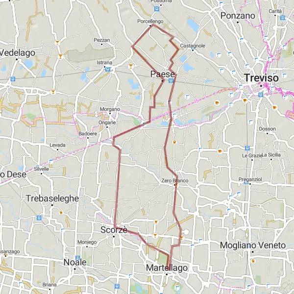 Miniatura della mappa di ispirazione al ciclismo "Avventura ciclistica da Martellago a Paese" nella regione di Veneto, Italy. Generata da Tarmacs.app, pianificatore di rotte ciclistiche